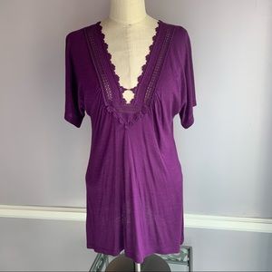 Full Tilt bright purple dolman sleeve deep V neck top with lace trim